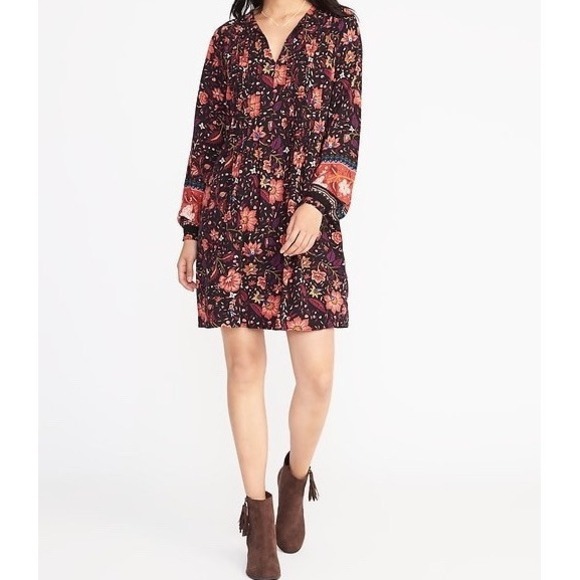Old Navy Floral Print‎ Dress Boho Mini Dress Women SZ L Black Orange Long Sleeve - Picture 1 of 10